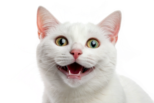 Transparent background photo of a smiling white cat. Cute. Adorable. Joyful. Satisfied. Happy.
