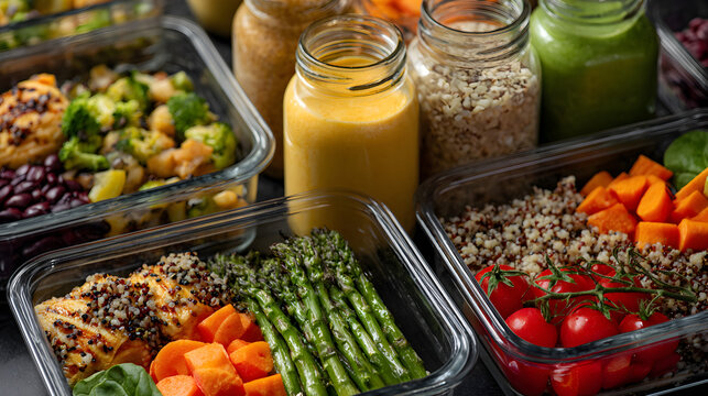 Colorful healthy meal prep containers with vegetables grains fresh juices and balanced diet nutrition
