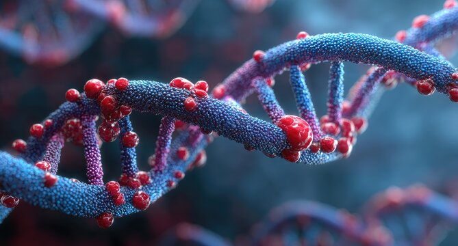 3D rendering of a DNA double helix, blue and purple strands, red spheres - Powered by Adobe