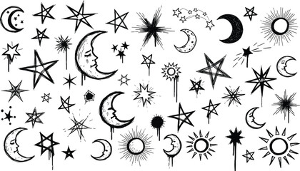 Black and white celestial illustration with stars, crescent moons, suns, and mystical faces for astrology, design, and spiritual content