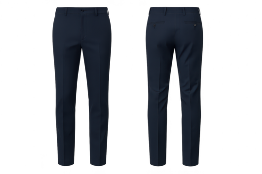 Dark blue men's formal pants, front and back, isolated on transparent background.
