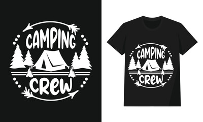 Camping Crew Outdoor Adventure Badge – Monochrome Tent and Pine Forest Silhouette Emblem