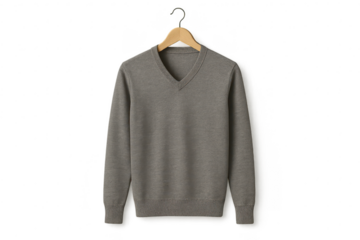 Stylish grey V-neck sweater on a wooden hanger, isolated on transparent background