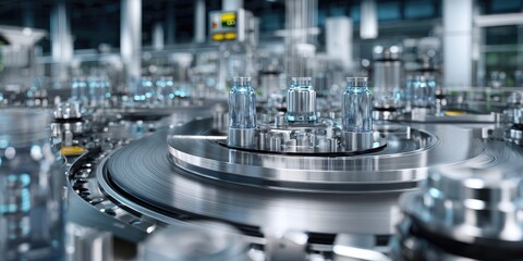 Industrial process with automated machinery handling small glass vials, metallic elements prevail