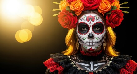Woman with traditional dia de los muertos face paint and floral headdress, illuminated by warm light