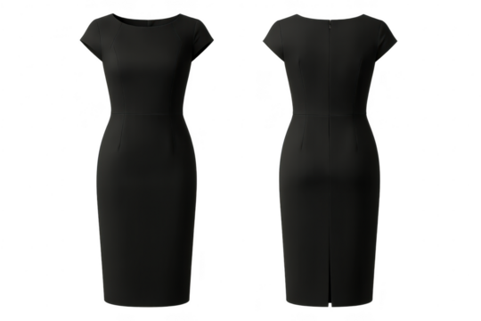 Elegant black business dress front and back view isolated on transparent background