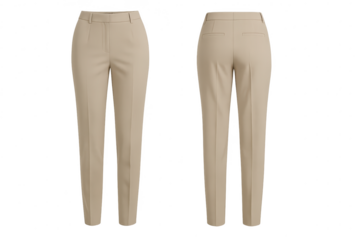 Fashionable beige women's trousers, front and back view, isolated on transparent background