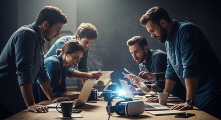 Young caucasian team collaborating on virtual reality project in office setting