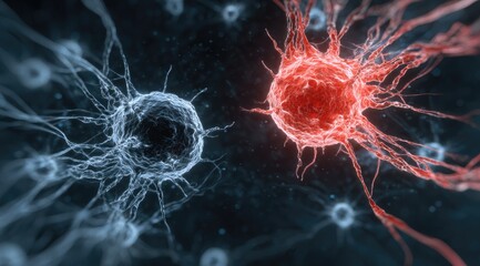 Render of two cellular structures, one red, one blue, with branching protrusions on dark