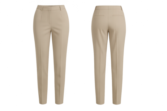 Fashionable beige women's trousers, front and back view, isolated on transparent background - Powered by Adobe