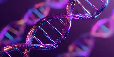 A close-up of a glowing double helix, rendered in vibrant purple and blue hues, on a dark background