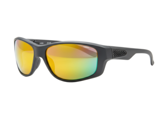 Black sports sunglasses with yellow mirrored lenses isolated on transparent background, eyewear for outdoor activities