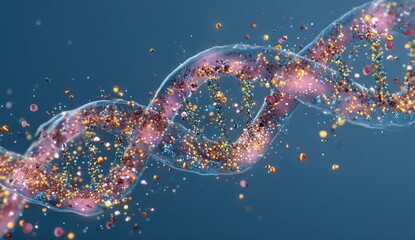 A detailed 3D rendering of a DNA double helix with vibrant particles