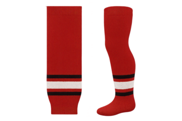 Red sports socks with stripes, isolated on transparent background.