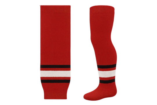 Red sports socks with stripes, isolated on transparent background.