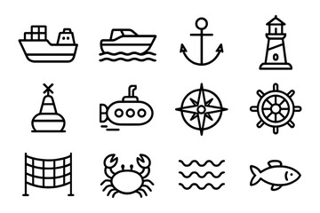 Maritime icon set: nautical transportation and marine symbols