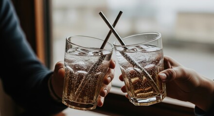 Two people toasting with glasses of sparkling beverage by a window