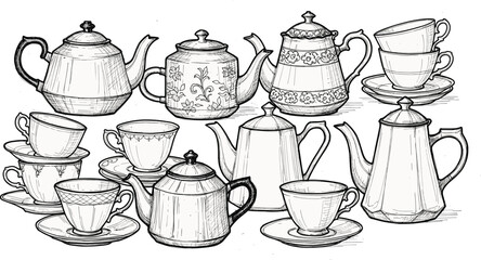 Black and white illustration of vintage teapots and teacups with floral and striped designs for kitchenware, tea, and cozy content