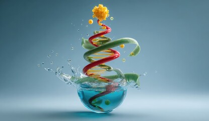 A DNA helix with water splash, a viral structure at the top and a blue liquid base