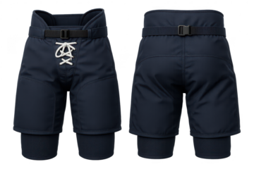 Dark blue ice hockey pants, front and back views, isolated on transparent background