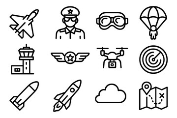 Aviation icon set featuring line art of aircraft, pilot, parachute, drone, and radar