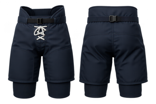 Dark blue ice hockey pants, front and back views, isolated on transparent background - Powered by Adobe