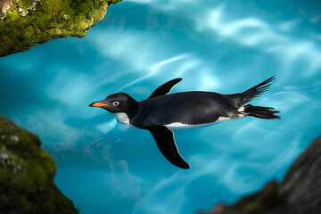 Penguin Swimming in Aqua Blue Ocean Underwater Top Down Wildlife Photorealistic Photograph