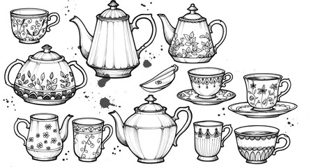 Black and white illustration of ornate teapots, teacups, and spoons with ink splatter accents for vintage design and decoration