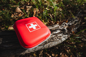 A Compact First Aid Kit is showcased in a serene setting, making it ideal for outdoor adventures like camping and hiking. Its essential for health care and safety in the wilderness