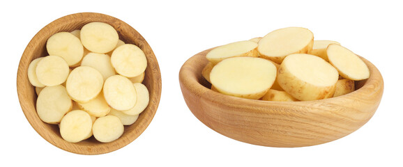 young potato slices in wooden bowl isolated on white background. Harvest new. Top view. Flat lay.