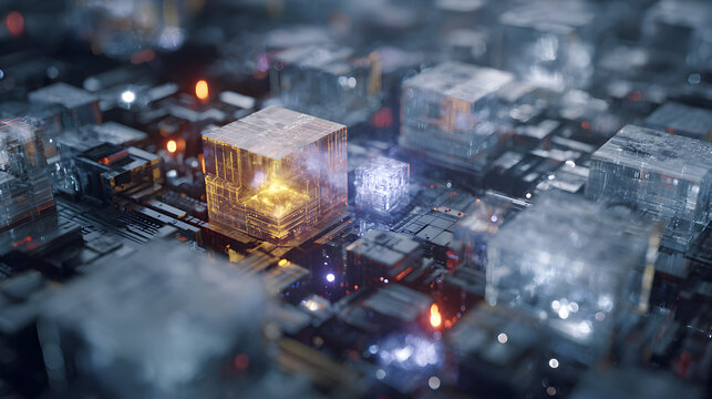 Futuristic glowing quantum cubes on digital circuit board

