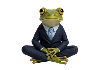 Frog in a suit sitting cross-legged isolated PNG, amphibian businessman meditating for corporate wellness