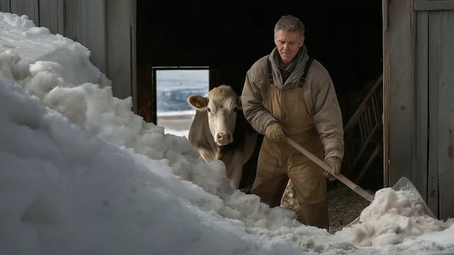 A farmer, their overalls stiff, shovels snow from a barn entrance, the shovel&rsquo;s blade scraping wood. Snow, heavy and wet, piles beside the door, its hinges rusted. A pitchfork, its tines bent,