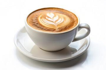 Latte Art Delight: A perfectly crafted latte, adorned with intricate latte art, rests gracefully on a pristine saucer, inviting you to savor its rich aroma and delightful taste.