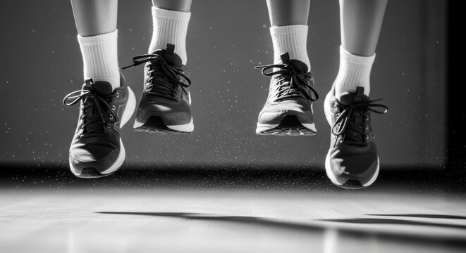 Synchronized jumping: two pairs of athletic shoes in motion - Powered by Adobe