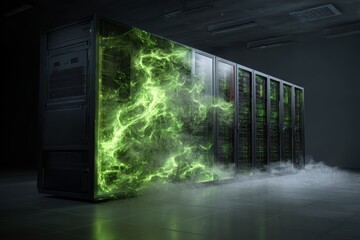 Large Transparent Server Rack with Airflow Inside and Visible Effects in a Dark Environment