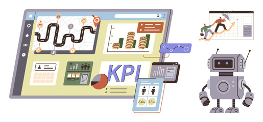 Interactive dashboard with charts, graphs, KPI, money stacks, robot, and team collaboration. Ideal for analytics, innovation, automation strategy performance measurement teamwork and growth