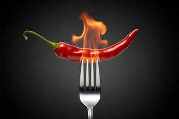 Red Chili on Fork with Fire Flame with Vibrant Colors on Dark gray Background