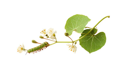 Fototapeta premium Two caterpillars on a plant branch with leaves and flowers