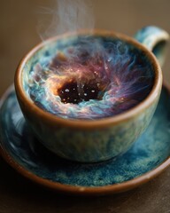 Delicate Espresso Cup with Churning Cosmic Swirls Captured in a Coffee Scene