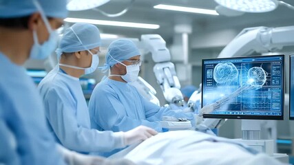 Futuristic clinic interior with patients undergoing robotic surgery for neural and cybernetic upgrades, AI-assisted diagnostics, and holographic monitoring systems, symbolizing next-generation - Powered by Adobe