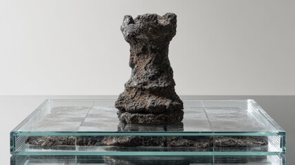 Unique Solid Volcanic Rock Chess Piece Representing King on Glass Display Surface