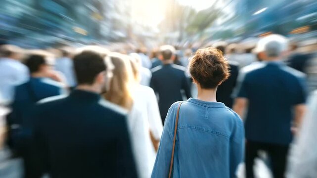 Large blurred crowd of people walking through a busy city street while one figure remains faceless and obscured, representing anonymous existence, social invisibility, secrecy of identity, hidden