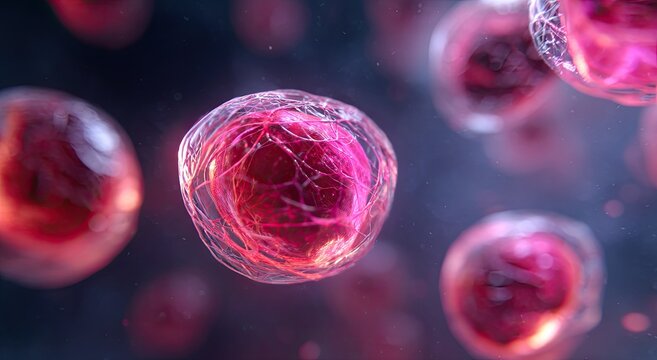 Microscopic view of glowing cells with internal structures, against a dark background