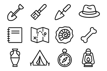 Obraz premium Archaeology adventure icons: tools, artifacts, and exploration symbols