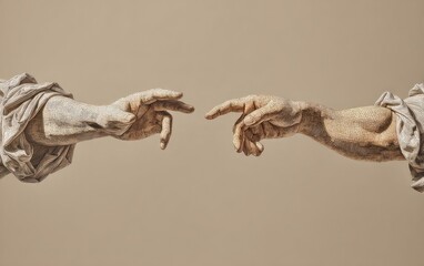 Obraz premium A close-up of two detailed hands, seemingly sculpted from stone, reaching towards each other
