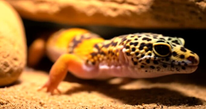 Close-up of a vibrant leopard gecko resting on sandy terrain under rocks