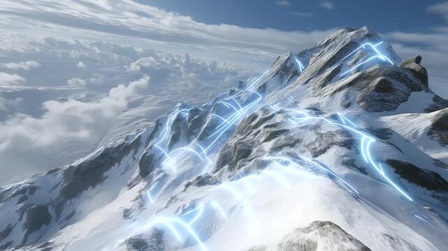 Virtual reality mountain range with holographic trails, interactive climbing features, and glowing sky portals, symbolizing immersive gaming environments, digital exploration, and futuristic world