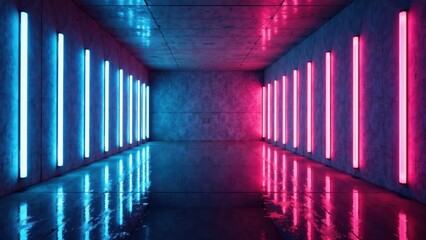 Futuristic neon corridor with symmetrical rows of cyan and pink glowing panels creating infinite tunnel perspective. Perfect for technology, sci-fi projects, modern architecture and immersive spaces.
