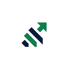 Abstract logo with upward-pointing arrow and layered stripes in dark green and navy blue